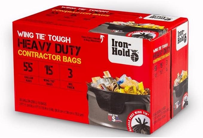 Iron-Hold 55 gal Contractor Bags Wing Ties 15 pk 3 mil