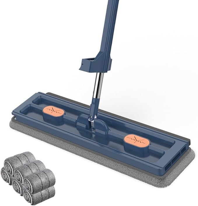 Large Flat MopLarge 17inch Hands-Free Mop EVA Squeegee &amp 360° Swivel for Hard Floors (Blue 6 Cloth)