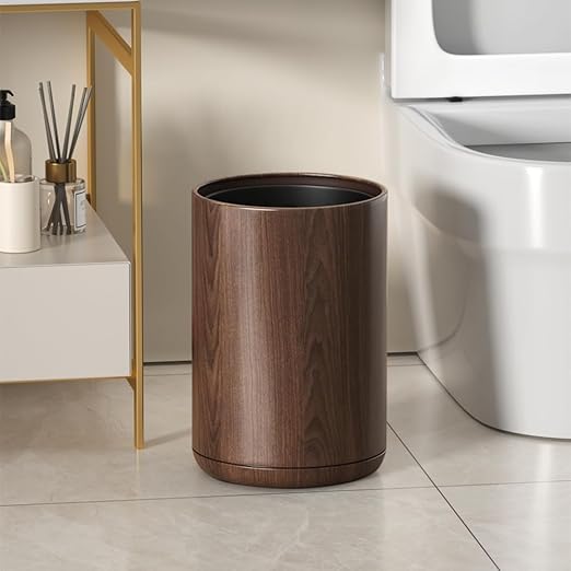8L/2.1GAL Dark Brown Modern Metal Waste Bin with Realistic Wood TextureBuilt-in Bag HolderOffice Trash CanOpen-Top Trash Binfor BathroomHomeOfficeLiving Room (2.1gal Round)