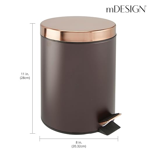 mDesign Pedal Bin - Metal Waste Bin with Pedal Lid and Plastic Bucket Insert - Perfect for Bathroom Kitchen and Office - Ergonomic Design - Bronze/Rose Gold