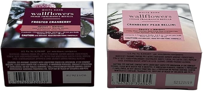 Bath &amp Body Works FROSTED CRANBERRY &amp CRANBERRY PEAR BELLINI Wallflowers Home Fragrance Refill 2pc bundle Gift Set with 30-Inch Red &amp White Candy Cane-Striped Holiday Ribbon Bow – Winter S