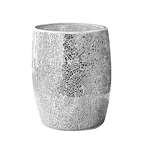Escenzy Modern Bathroom Trash Can Silver Mosaic Glass 5L | 7 x 10 | Luxury Waste Basket for Restroom Bedroom Office &amp Kitchen | Decorative Small Garbage Can | Silver Glitter Bathroom Accessori