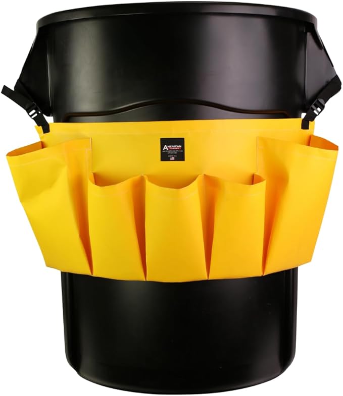 American Supply 5-Pocket Trash Can Caddy Bag – Heavy-Duty Organizer for 32-55 Gallon Round Trash Bins | Janitorial Cleaning Tool Pouch (Yellow)
