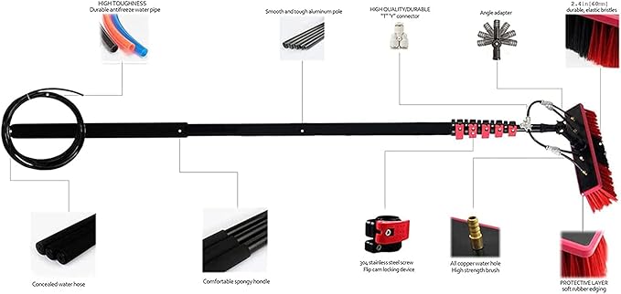 Window Cleaning PoleWindow Cleaning Brush Equipment Cleaning Photovoltaic and Solar Panels Extendable Cleaner Conservatory Roof Cleaning Pole Water Fed Telescopic Brush 24 FT/7.2 M