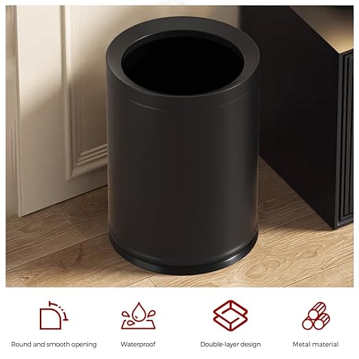 9L/2.3GAL Black Bathroom Trash Can Small Office Wastebasket Double Metal Bucket Body for Bathroom BedroomChildren's Room Powder RoomHotelBank (9L-Black)