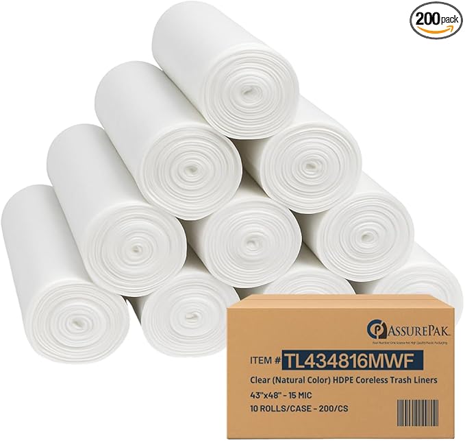 ASSUREPAK 56 Gallons Clear (Natural Color) HDPE Coreless Trash Liners - 43x48 - 200 Bags / 10 Rolls - 15 microns - Clear - TL434816MWF - AssurePak