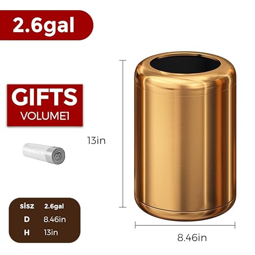 10L/2.6GAL Brushed Stainless Steel Trash canOpen Top Wastebasket BinGarbage Can for BathroomLiving RoomOfficeKitchenBedroomHotel (Rose Gold)