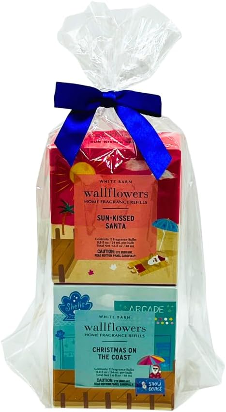 Bath &amp Body Works Wallflowers Refills Christmas Scents 4-Bulb Bundle – Holiday Tropical &amp Coastal Collection – Limited Edition Gift Set with a Blue Bow(Sun-Kissed Santa + Christmas on The Coas