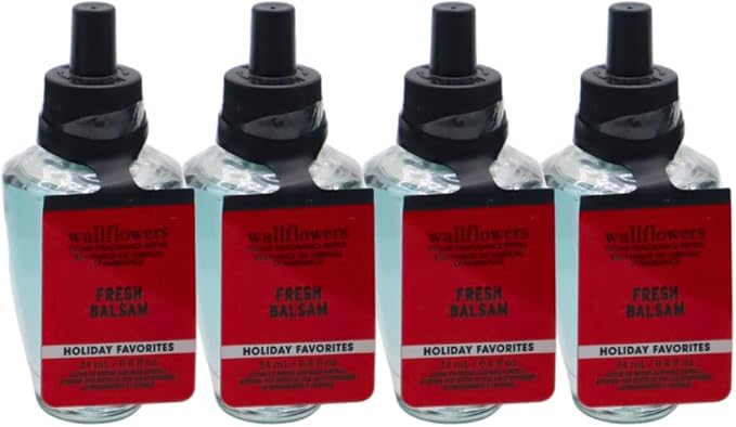 Bath &amp Body Works FRESH BALSAM Wallflowers Home Fragrance Refill Gift Set with 30-Inch Forest Green Ribbon and Metallic Gold Stripes &amp Sheer Accents for Holidays 0.8 fl oz each - Pack of 4