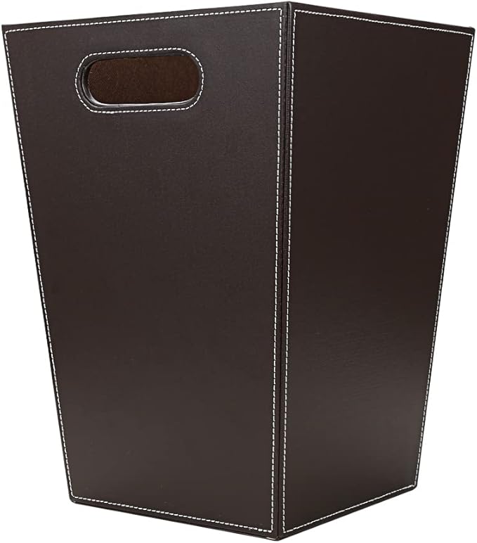 KINGFOM Classic Pu Leather Trash Can Wastebasket Garbage Container Bin with Handles for Bathrooms Powder Rooms Kitchens Home Office and and High Class Hotel Square Brown