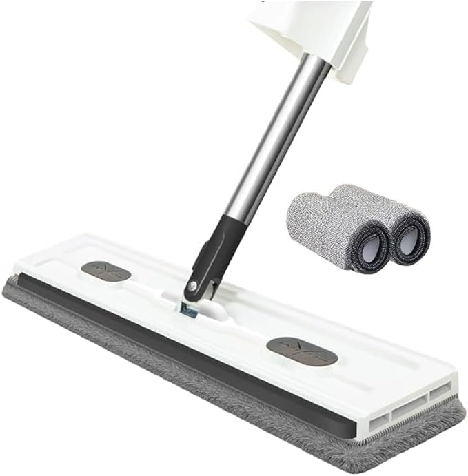 Large Flat Mop360° Rotatable Cleaning Mop50 Inch Long HandleWashable Reusable Microfiber Pads for Floor Cleaning (White with 2 pad)