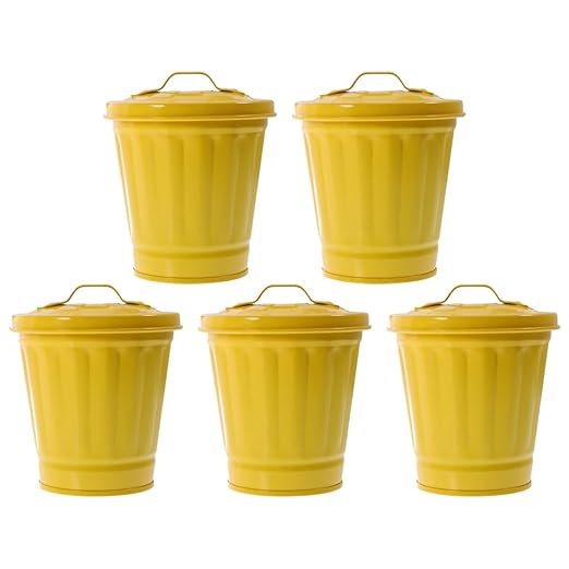 5pcs Mini Desktop Trash Cans with Lid 9cm Diameter Yellow Iron Tiny Garbage Bins Decorative Small Wastebaskets for Office Bedroom Living Room Storage