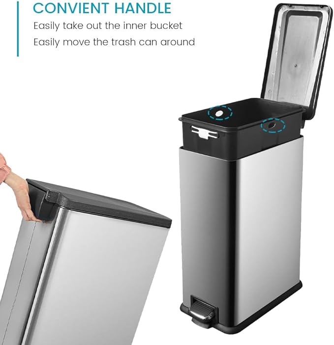 12 Gallon Trash Can with Lid45L Kitchen Garbage CanStainless Steel Trash Can for Narrow Spaces with Soft-Close Lid Inner Bucket and Step-on Pedal