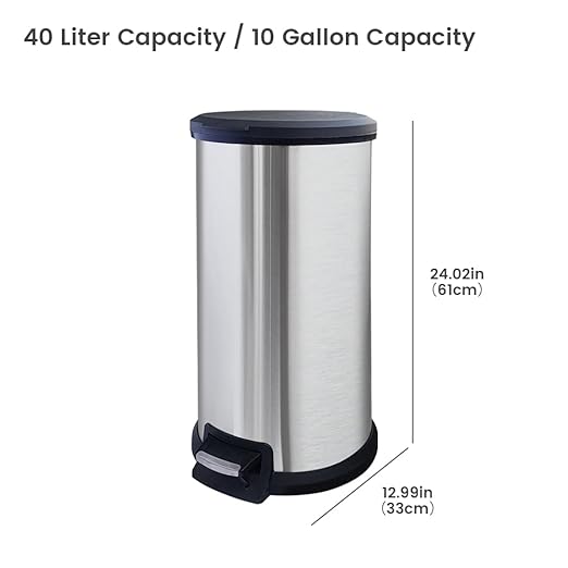 10 Gallon Trash Can with Lid Tall Round Stainless Steel Kitchen Garbage Can with Plastic Lid Liner Free Step-on Pedal Hand Free Trash Can 40 Liter Capacity Silver
