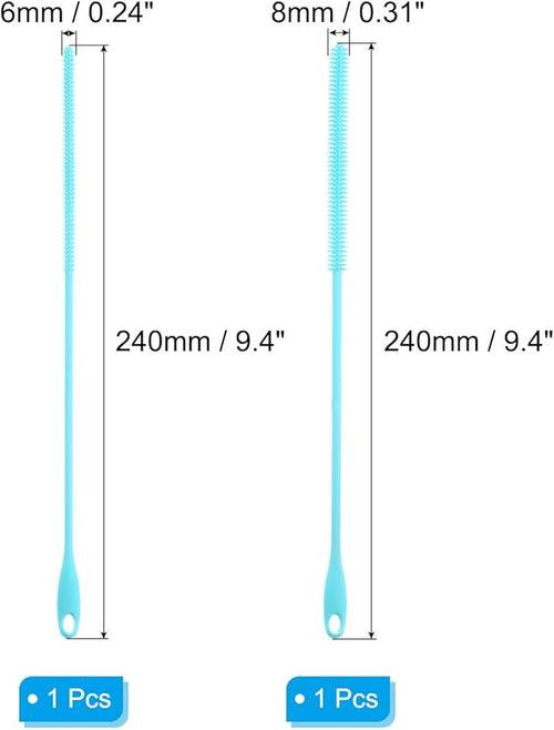 2 Pcs Silicone Straw Brush 9.4 Inch Bottle Straw Brushes Blue (6mm+8mm)