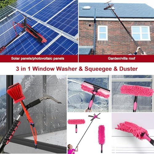 Glass Cleaning Brush Home Water Fed Telescopic Pole Kit Solar Panel Brush Rotating for Photovoltaic PanelWashing Kit: Water-fed Brush3.6-10.8 m Telescoping Pole Cobweb Duster and Squeegee