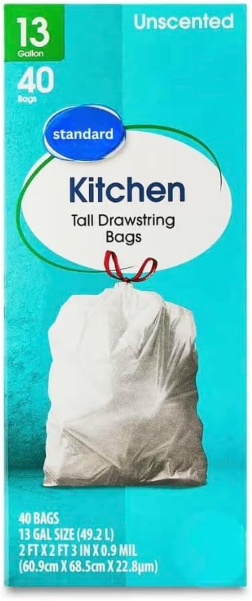 13-Gallon Tall Kitchen Trash Bags with Drawstring Handles – Unscented Leak-Resistant Tear-Resistant 40-Count Pack – Heavy Duty Garbage Bags for Home Office and Kitchen (White 40 Bags)