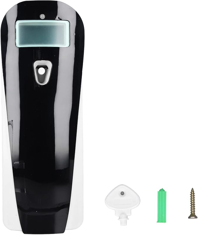 Automatic LCD Display Fragrance Sprayer Wall Mounted Air Freshener Dispenser Black Plastic Battery Operated with Timer for Home Office Public Spaces