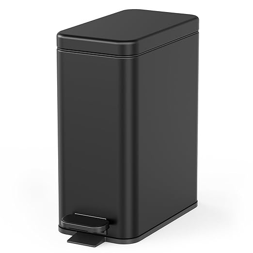 Cesun Bathroom Trash Can with Lid 2.6 Gallon Small Black Bathroom Garbage Can Soft Close Stainless Steel Waste Basket with Step Pedal for Bedroom Laundry Room Living Room Home Office Toilet RV