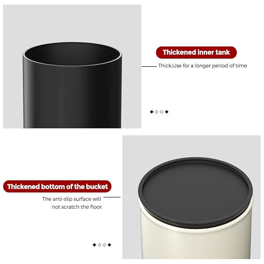 2.4GAL Off White Metal Garbage Can Double-Layer with Inner LayerSmall Bathroom Trash Can with FILP Lid for BedroomOfficeHotelBank
