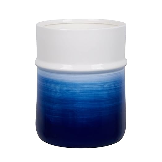 Decorative Round Small Trash Can Wastebasket Garbage Container Bin for Bathrooms Powder Rooms Kitchens Home Offices-Hand Painted Navy BlueCeramic