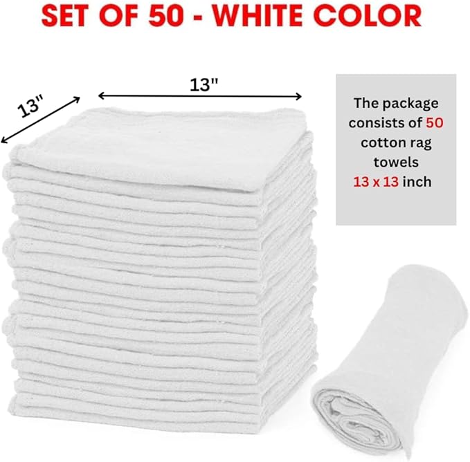 Shop Towels – Pack of 50 Reusable Cleaning Rags – Durable Quality Cotton – 13 x 13– Machine Washable – Suitable for All Purposes (White)