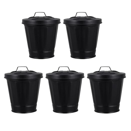 5pcs Mini Lidded Tiny Trash Can Set Galvanized Iron Desktop Organizer and Flower Pot for Living Room Bedroom Black 9x9.5x6cm Wastebasket for Tabletop Storage and Small Garbage