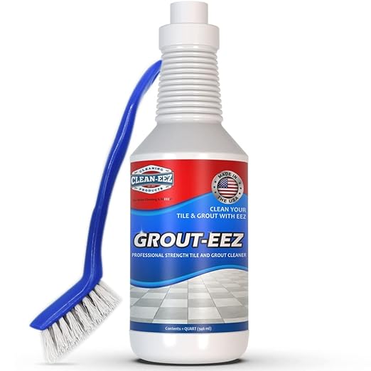 Clean-eez Grout-eez Tile Cleaner with Handheld Brush – 32 oz Heavy-Duty Stain Remover for Ceramic and Porcelain Surfaces – Safe for Colored Grout – Not for Natural Stone – Bathroom &amp Kitchen Use