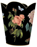 Marye-Kelley Vintage Pink Roses and Blue Irises on Black Wastepaper Basket Wood Scalloped Top Wastepaper Basket for Kitchen Bathroom Bedroom Living Room Handmade Made in The USA