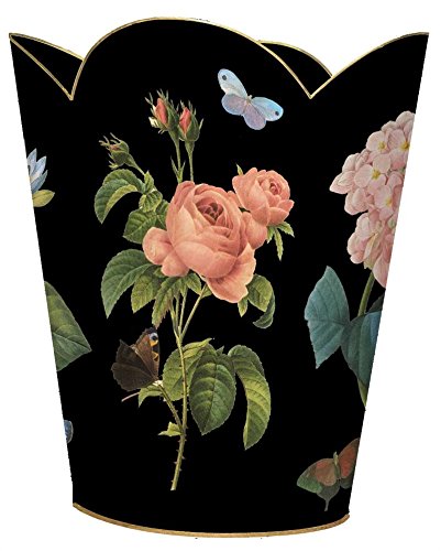 Marye-Kelley Vintage Pink Roses and Blue Irises on Black Wastepaper Basket Wood Scalloped Top Wastepaper Basket for Kitchen Bathroom Bedroom Living Room Handmade Made in The USA