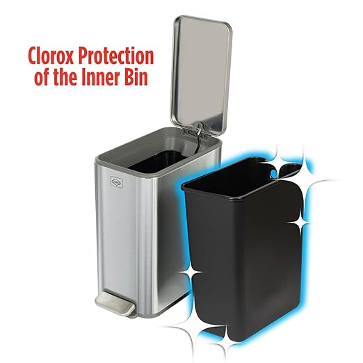 Clorox Slim Trash Can - 2.6 Gallon (10 Liter) Small Metal Trash Can with Soft Close Lid Step Pedal Removable Bucket - Stainless Steel Waste Bin for Narrow Spaces Bathroom and Office