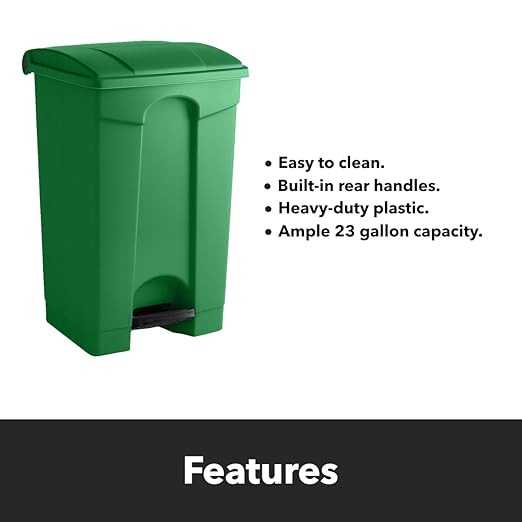 23 Gallon Commercial Step-On Trash Can with Lid Heavy-Duty Green Plastic Garbage Bin Large Rectangular Waste Container for Office Restaurant Warehouse or Kitchen