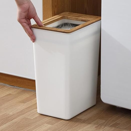 BESPORTBLE Large Wastebasket with Wooden Lid Kitchen Trash Bin with Built-in Press Ring Ash Bin for Home and Bathroom Storage Practical Waste Container Size L