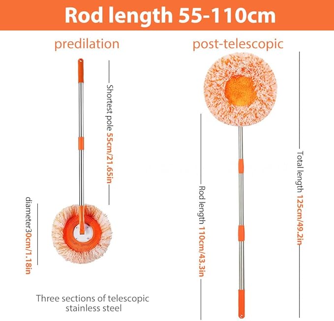 360° Rotatable Adjustable Cleaning Mop 2026 Upgrade Wall Cleaner Mops with Long Handle Extendable Wall Washer for Floor Windows Ceilings and Baseboards Cleaning Tool (Orange 2 Mop Heads)