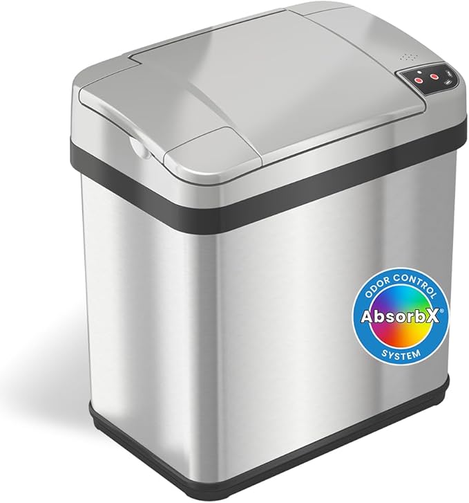 iTouchless 2.5 Gallon Garbage AbsorbX Odor Filter and Fragrance Touchless Automatic Stainless Steel Bin Perfect for Bathroom and Office Sensor Trash Can 02 Gallon