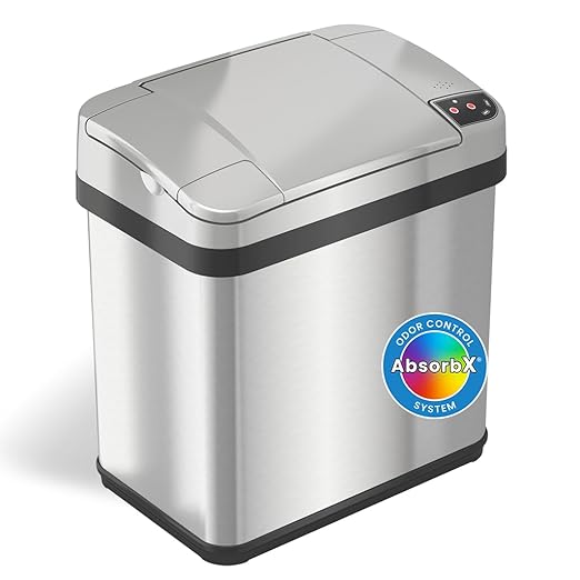 iTouchless 2.5 Gallon Bathroom Trash Can with Odor Control Automatic Motion Sensor Bin Soft-Close Stainless Steel Slim Wastebasket for Narrow Spaces Silver