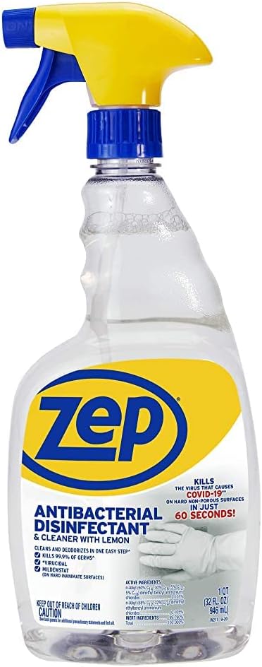Zep Antibacterial Disinfectant Spray With Lemon - 32 Fl Oz (Case Of 12) ZUBAC32 - Disinfects Cleans and Deodorizes Most Surfaces EPA Approved