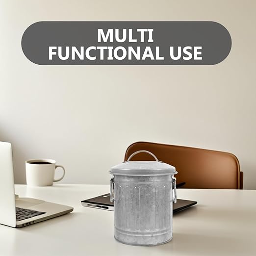 Mini Galvanized Trash Can Small Trash Can with Lid Table Top Metal Rubbish Bin Wastepaper Basket Flower Pot Pen Holder Kitchen Compost Bin Ash Bucket
