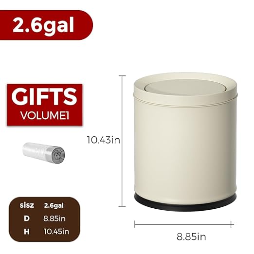 2.6GAL Off White Metal Bathroom Trash Can with LidDouble BucketSwing LidRound Waste Basket for BathroomBedroomOfficeHotelBank