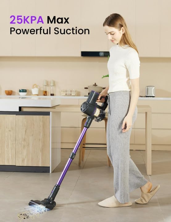 Vexilar Cordless Vacuum Cleaner Self-Standing Rechargeable Stick Vacuum Cleaners for Home 35mins Runtime LED Screen 6-in-1 Lightweight Handheld Vacuum for Hard Floor Carpet (Purple)