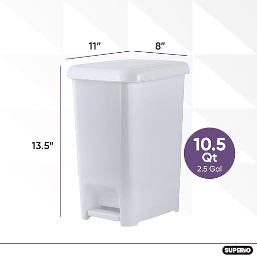 Superio Slim Step On Pedal Plastic Trash Can Waste Bin for Under Desk Office Bedroom Bathroom Kitchen (2.5 gal) (White Smoke 3 Pack)