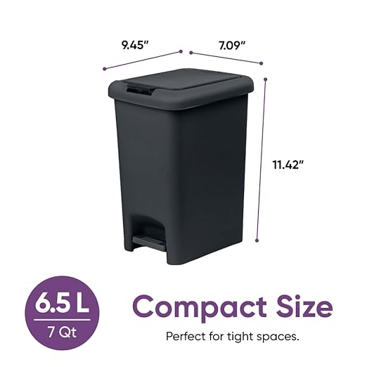Superio 6.5L Slim Step &amp Push Trash Can - Dual Opening Smooth Matte Finish Durable Plastic (9.5x7x11.5) - Black