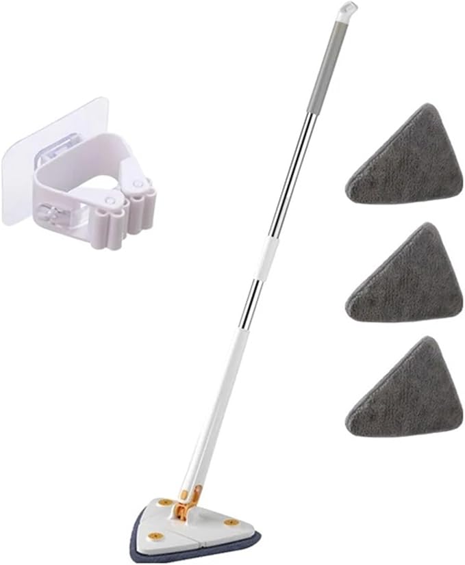 Triangle Cleaning Mop Telescopic 360° Rotatable Adjustable Microfiber with 4 Pads Floor Household Ceiling(White 3pcs Cloth)