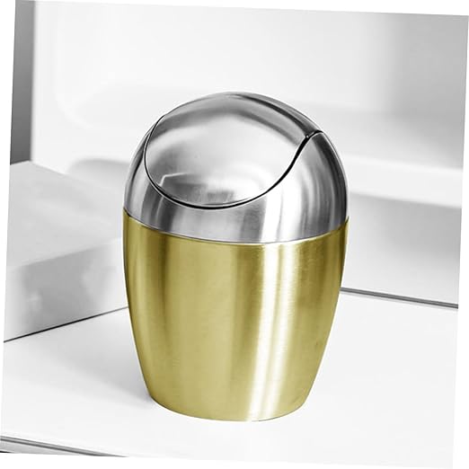 Cabilock Portable Mini Desk Trash Can with Lid Gold Countertop Garbage Bin for Office and Bedroom Sturdy Household Tabletop Wastebasket Decorative Small Desktop Storage Bucket