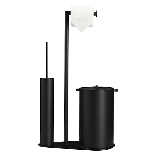 BVL Bathroom Trash Can with Toilet Paper Holder &amp Toilet Brush Stainless Steel Matte Black 1.32 Gallon Wastebasket with Lid Space-Saving Bathroom Accessories