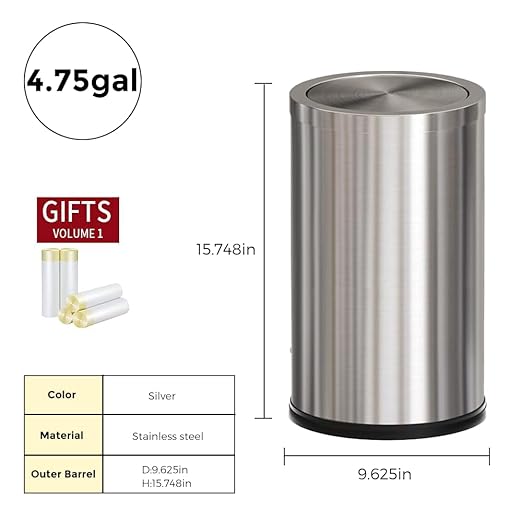 4.8GALStainless Steel Bathroom Trash Can with Lid Silver Trash Can with Flipping Lid Garbage cans for KitchenLiving RoomDental OfficeHotelGuest Room(4.7gal-Silver)
