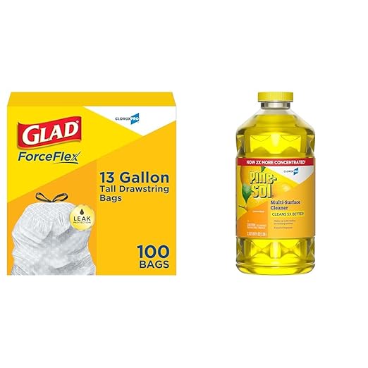 CloroxPro Glad ForceFlex 13 Gallon Tall Kitchen Drawstring Trash Bags 100 Count and Pine-Sol Multi-Surface All-Purpose Cleaner 2x Concentrated Formula Lemon Fresh 80 Fl Oz (Package May Vary)