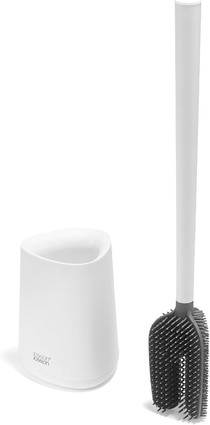 Joseph Joseph Flex 360 Lite Advanced Smart Toilet Brush and Small Storage Holder Set with Anti-drip Anti-Clog Triple-Action Replaceable Brush Head - White
