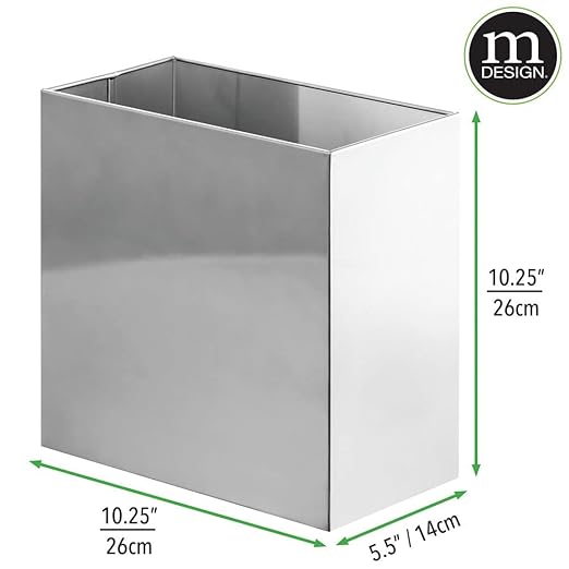 mDesign Small Steel Rectangular 2.4 Gallon/9.1 Liter Trash Can Waste Basket for Bathroom Bedroom Home Office - Holds Garbage Recycling Household Items - Linn Collection - Chrome