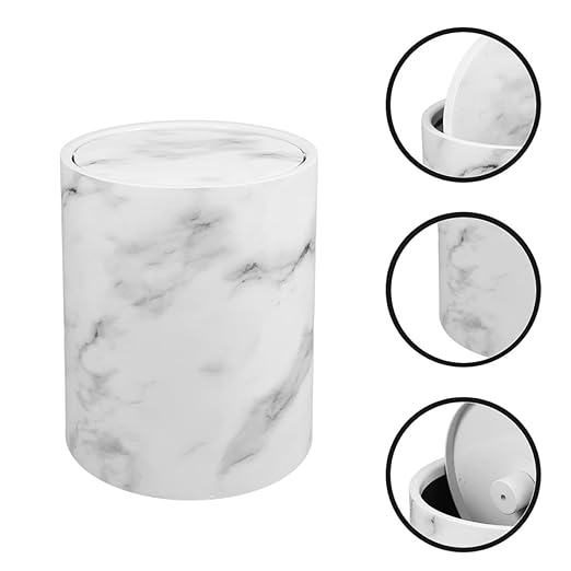 Veemoon Marble Pattern Trash Can 15L Flip Lid Plastic Waste Basket for Kitchen Bathroom Office Home Round Garbage Bin with Double Layer Cover
